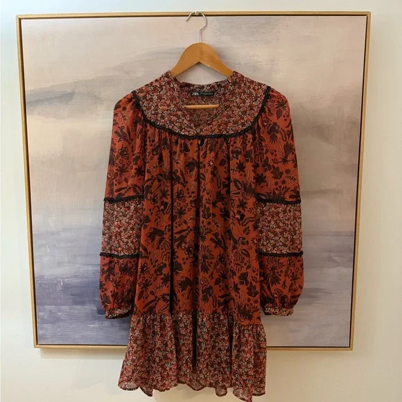 Zara Rust Floral Long Sleeve Dress - Picture 1 of 5